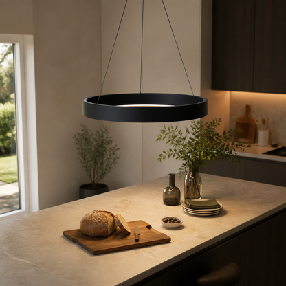 Iron Circle Ring LED Pendant Light - Minimalist Painted Metal Hoop in Black or White from 40 to 80cm with Integrated Warm or Cool Sources