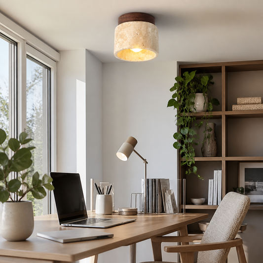 Travertine and Wood Wabi Sabi Flush Ceiling Light - 12 by 10cm Natural Stone Fitting in Log or Walnut Tone for Hallway, Study and Entrance