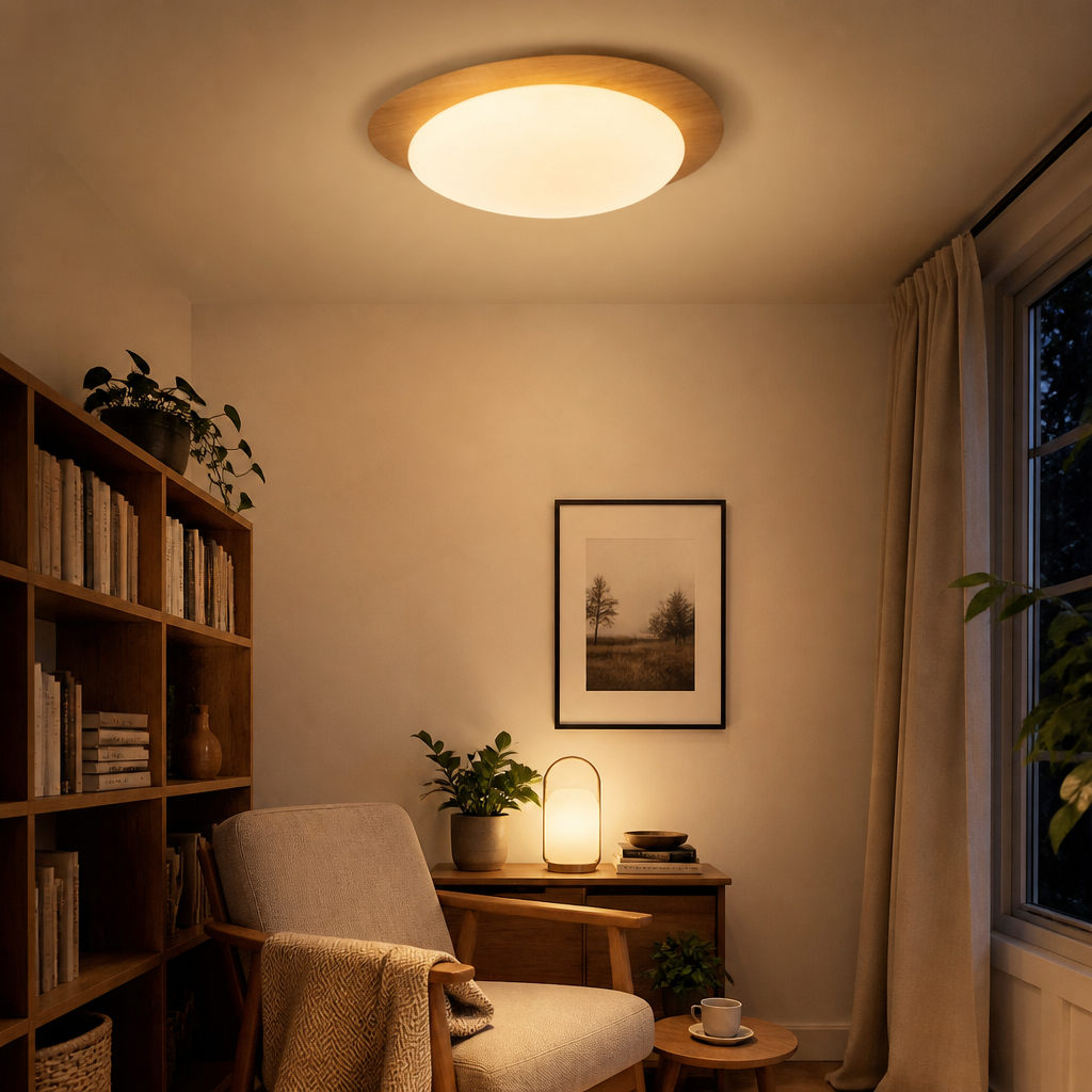 Pebble Ceiling Lamp - Minimalist Wood and Acrylic Flush Light in 30 or 38cm, Walnut or Log Finish, with Two Dimmable Integrated Sources