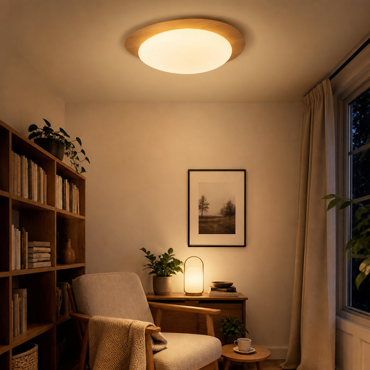 Pebble Ceiling Lamp - Minimalist Wood and Acrylic Flush Light in 30 or 38cm, Walnut or Log Finish, with Two Dimmable Integrated Sources