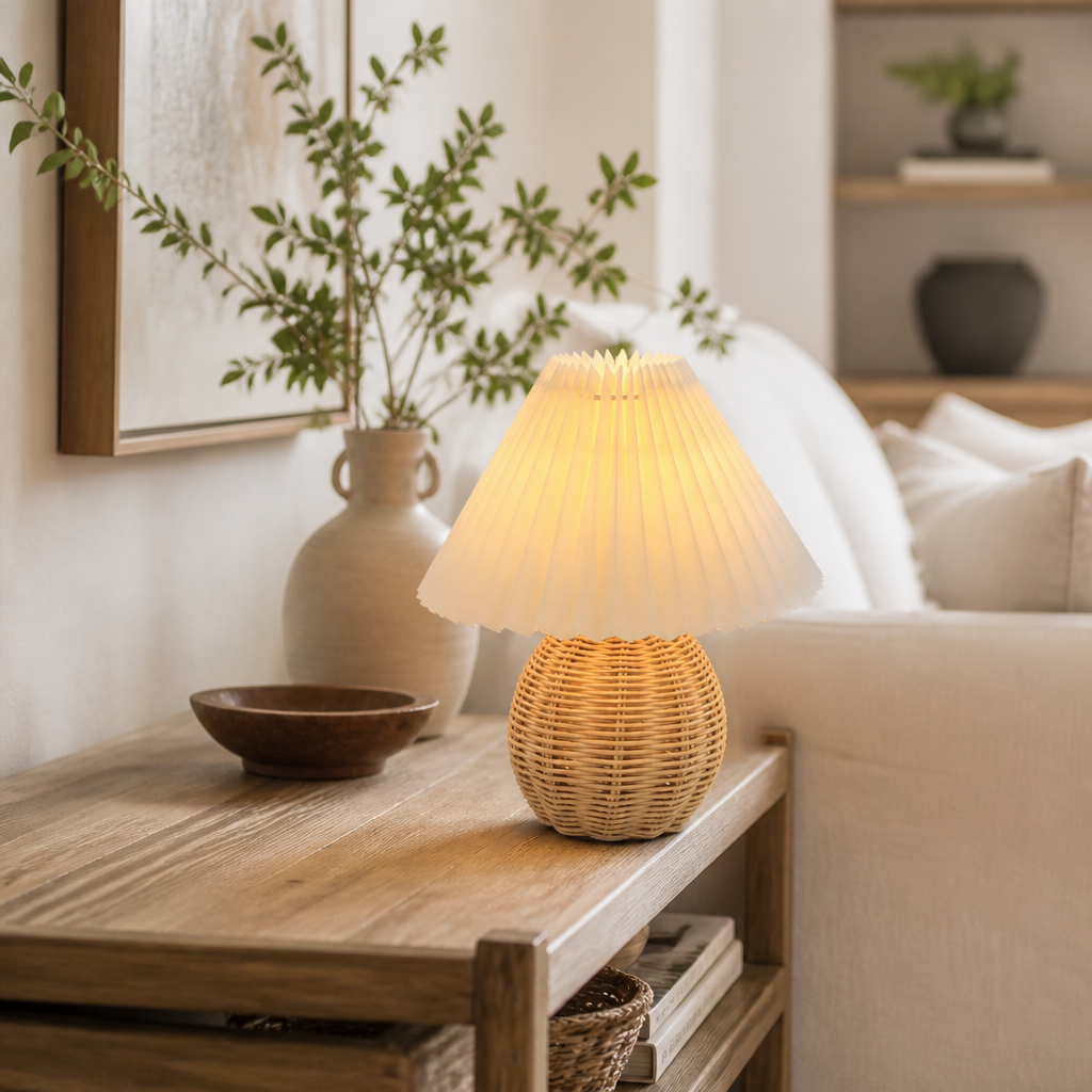 Retro Rattan Ball Lamp with Pleated Fabric Shade - Compact 18 by 22cm USB Light Offered with Switch, Dimming or Remote Timer Control