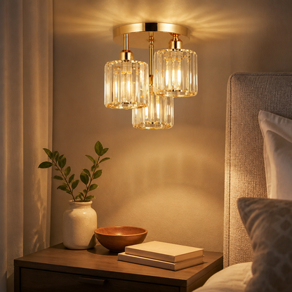 3 Light Gold Crystal Close to Ceiling Fitting - Forged Iron Frame with Cut Glass Shades Sized for Small Bathroom, Kitchen and Bedside Nook