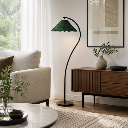 Pleated Modern Floor Lamp - Fabric Shade in Green, White, Flower or Feather Designs with Touch Control and Smooth Dimming