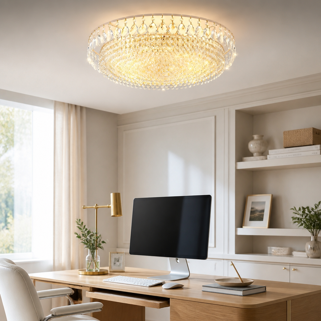 Gold Crystal Flush Mount Ceiling Chandelier - Plated Iron Frame with Individually Hung Drops in 4, 6 or 8 Head Sizes from 40 to 60cm