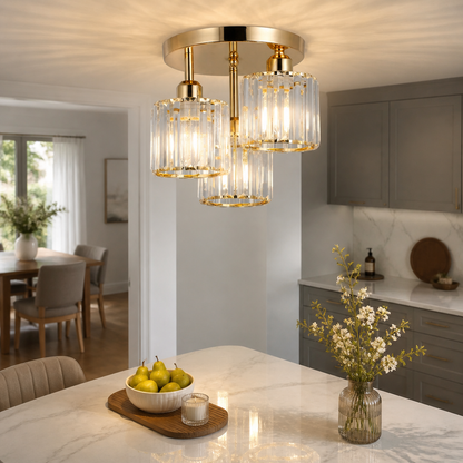 3 Light Gold Crystal Close to Ceiling Fitting - Forged Iron Frame with Cut Glass Shades Sized for Small Bathroom, Kitchen and Bedside Nook