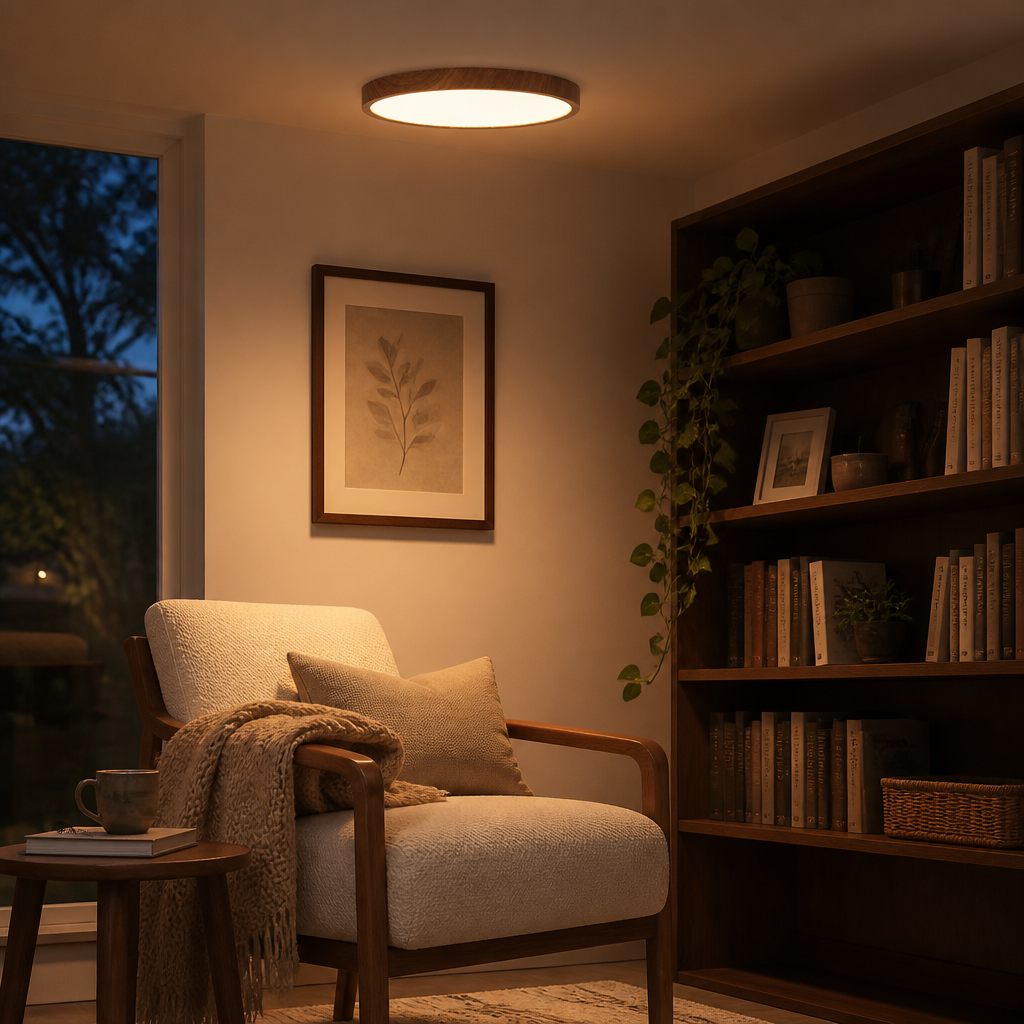 Ultra Thin Walnut Wood Grain LED Ceiling Light - 2.5cm Deep Dust Proof Panel in 30cm 24W or 40cm 36W with Warm, White and 3 Colour Modes