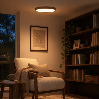 Ultra Thin Walnut Wood Grain LED Ceiling Light - 2.5cm Deep Dust Proof Panel in 30cm 24W or 40cm 36W with Warm, White and 3 Colour Modes