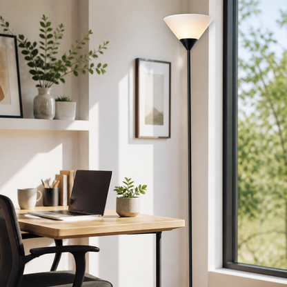 AuraLume Floor Lamp - Contemporary Standing Light in Black, Silver or White with Warm Energy-Efficient LED for Sofa Side and Reading Nook