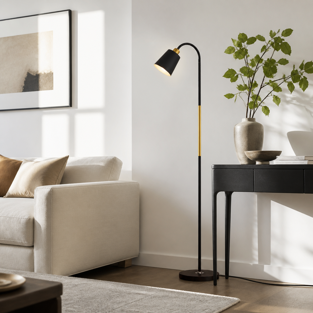 Wrought Iron Floor Lamp - Black or White Shade on Hard-Wearing Metal Frame for Sofa Side, Reading Corner and Bedroom Lighting
