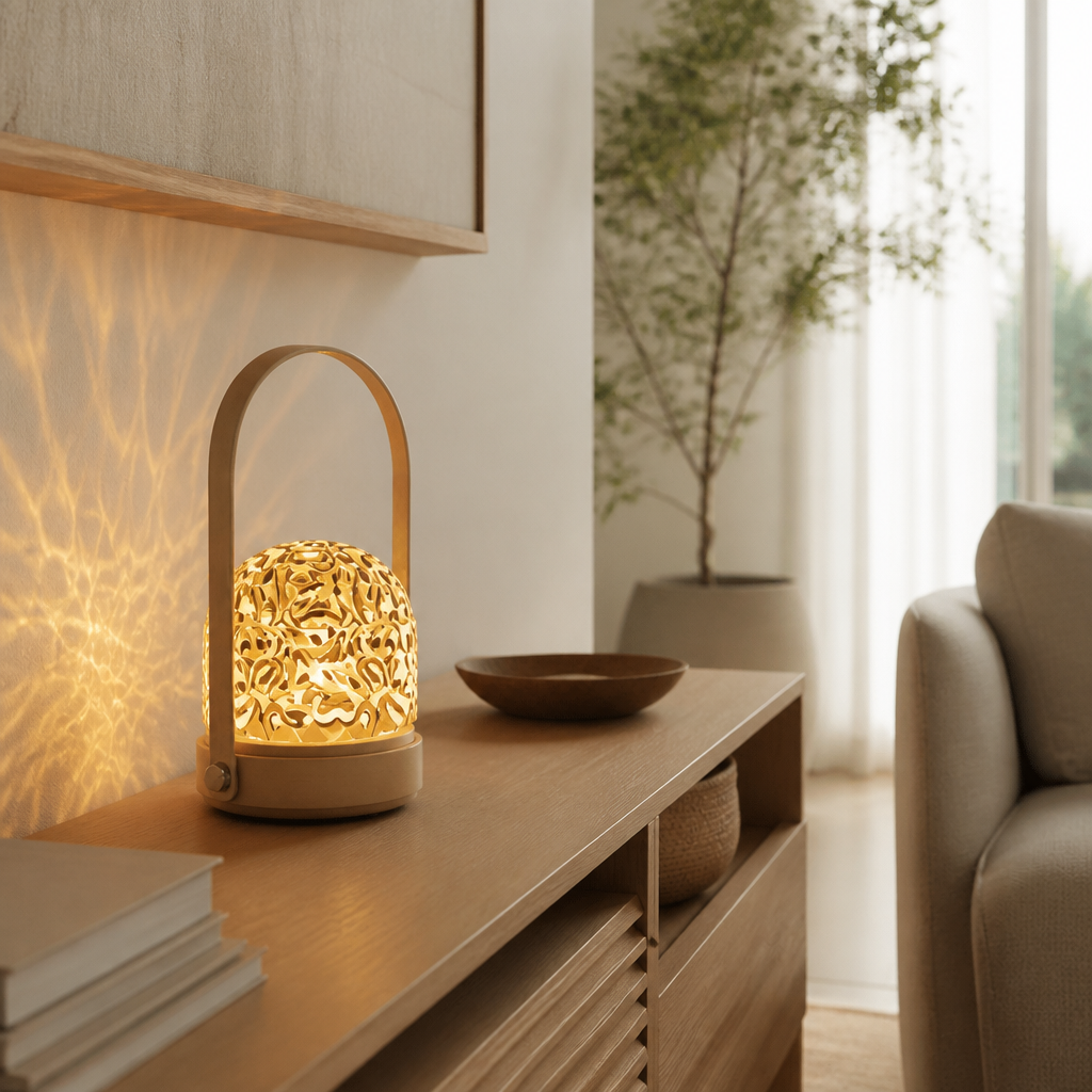 16 Colour LED Water Ripple Projector Mood Lamp - Metal 19.5 by 13.5cm Rechargeable Bedside Light with Removable Shade, Touch and Remote