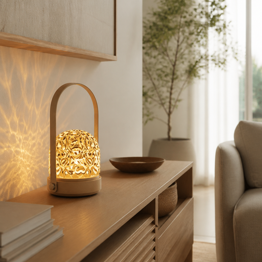 16 Colour LED Water Ripple Projector Mood Lamp - Metal 19.5 by 13.5cm Rechargeable Bedside Light with Removable Shade, Touch and Remote