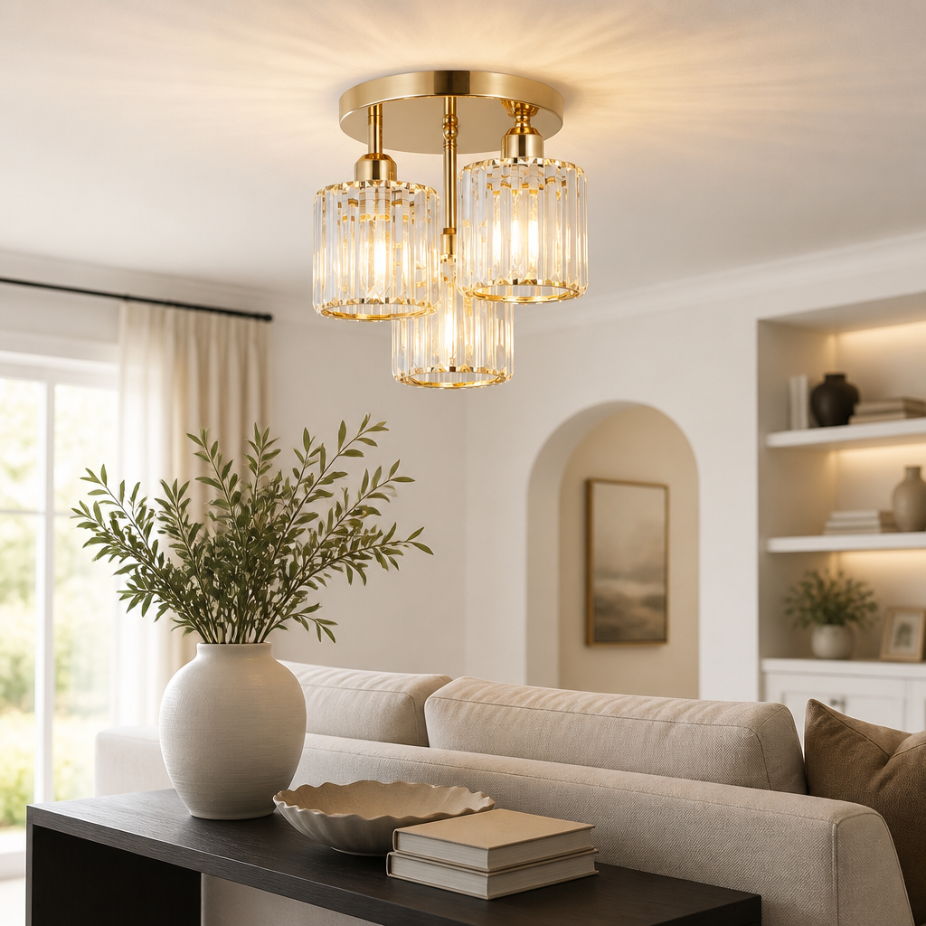 3 Light Gold Crystal Close to Ceiling Fitting - Forged Iron Frame with Cut Glass Shades Sized for Small Bathroom, Kitchen and Bedside Nook