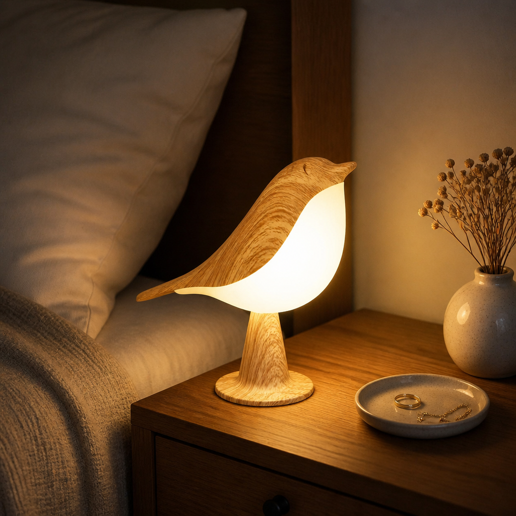 Art Deco Touch Control LED Bird Table Lamp - Sculptural ABS Piece in Light Yellow with Three Dimming Levels and Cordless USB Recharging