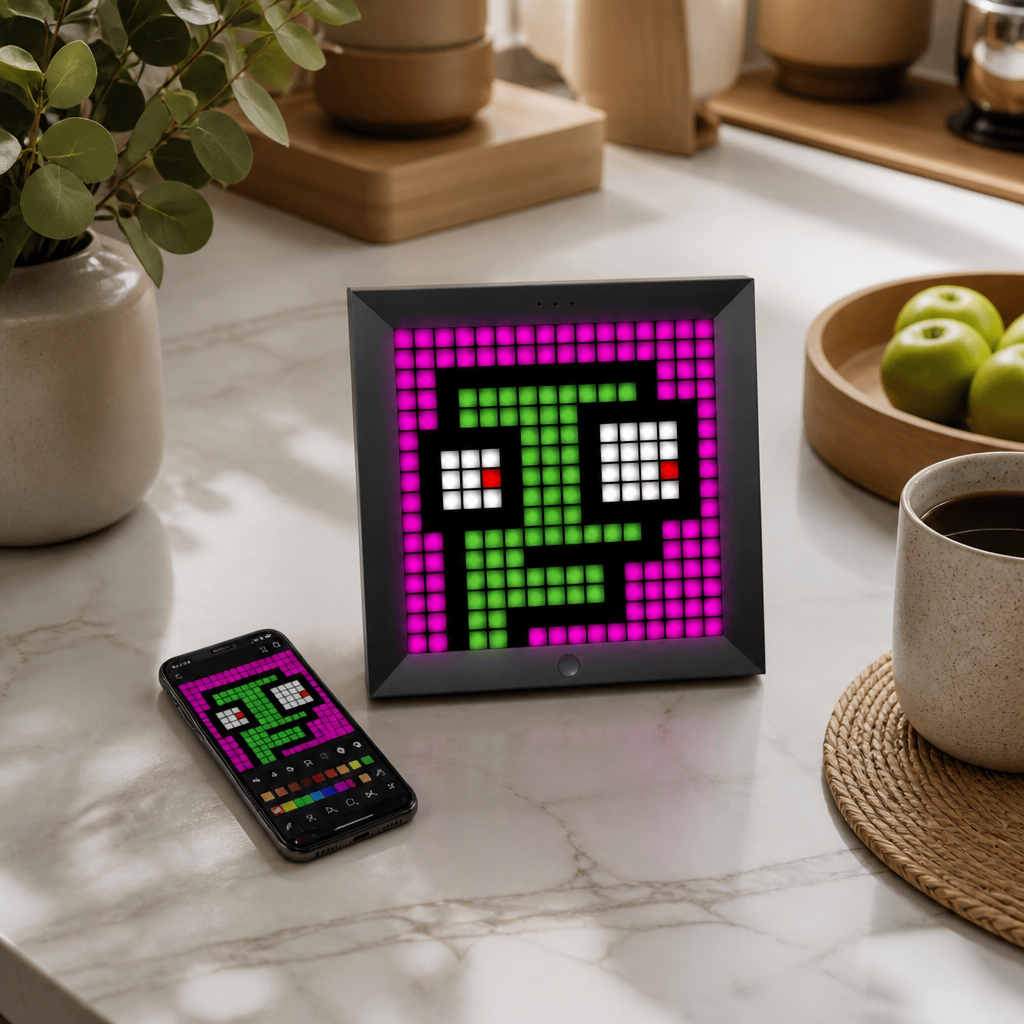 RGB Smart LED Pixel Panel - Black App Controlled Colour Display with Scene, Timer and Brightness Control for Desk, Shelf and Gaming Wall
