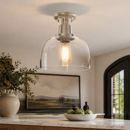 Clear Glass Shade Semi Flush Mount Ceiling Light - Brushed Nickel Fixing with Bulb Included for Corridor, Kitchen and Bedroom Ceilings