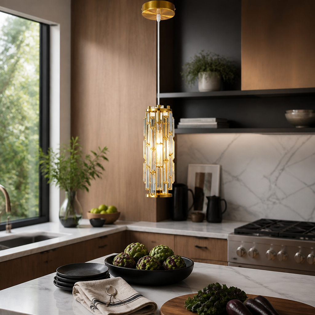 Modern Crystal Pendant Light - Faceted Hanging Lamp in Plated Gold, Silver or Black on Adjustable Cord for Dining Table, Bar and Bedside