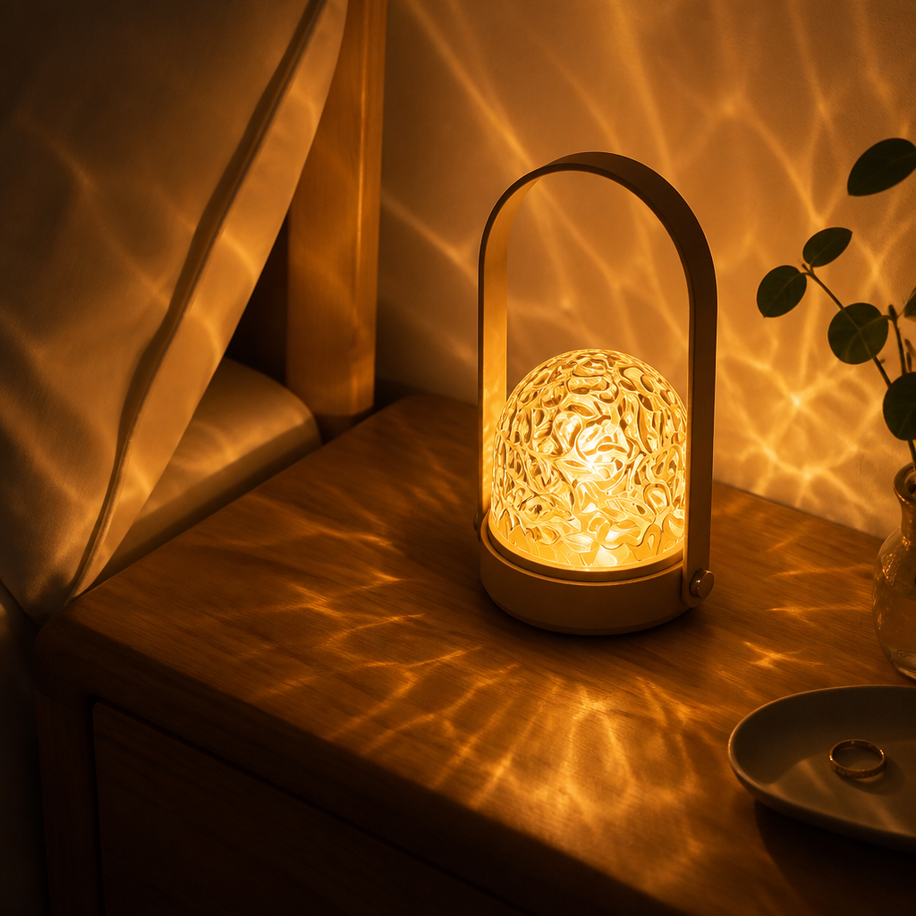 16 Colour LED Water Ripple Projector Mood Lamp - Metal 19.5 by 13.5cm Rechargeable Bedside Light with Removable Shade, Touch and Remote