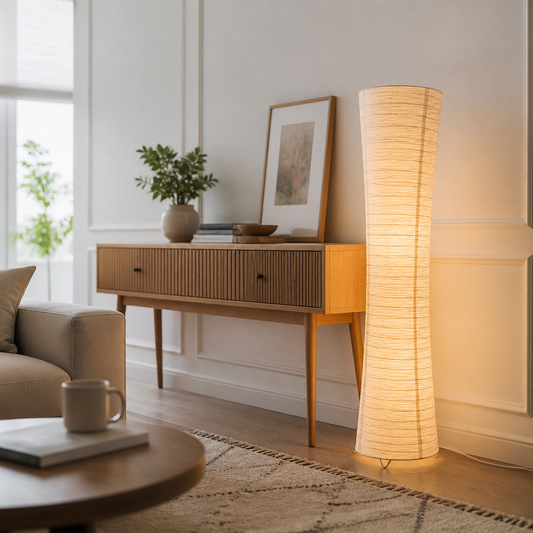 Paper Floor Lamp - Contemporary Paper Shade Standing Light with Warm Glare-Free LED Glow for Sofa Side, Reading Corner and Bedroom