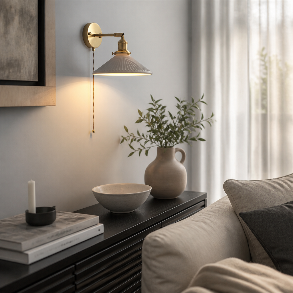 Japanese Nordic Wall Lamp - Ceramic and Brass Sconce in Five Shade Designs for Hallway, Above a Headboard and Staircase Lighting