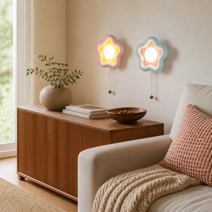 Petal Ceramic Wall Light - Blue or Pink Sconce with Warm or White LED and Three Colour Temperature Option for Hallway and Stairway