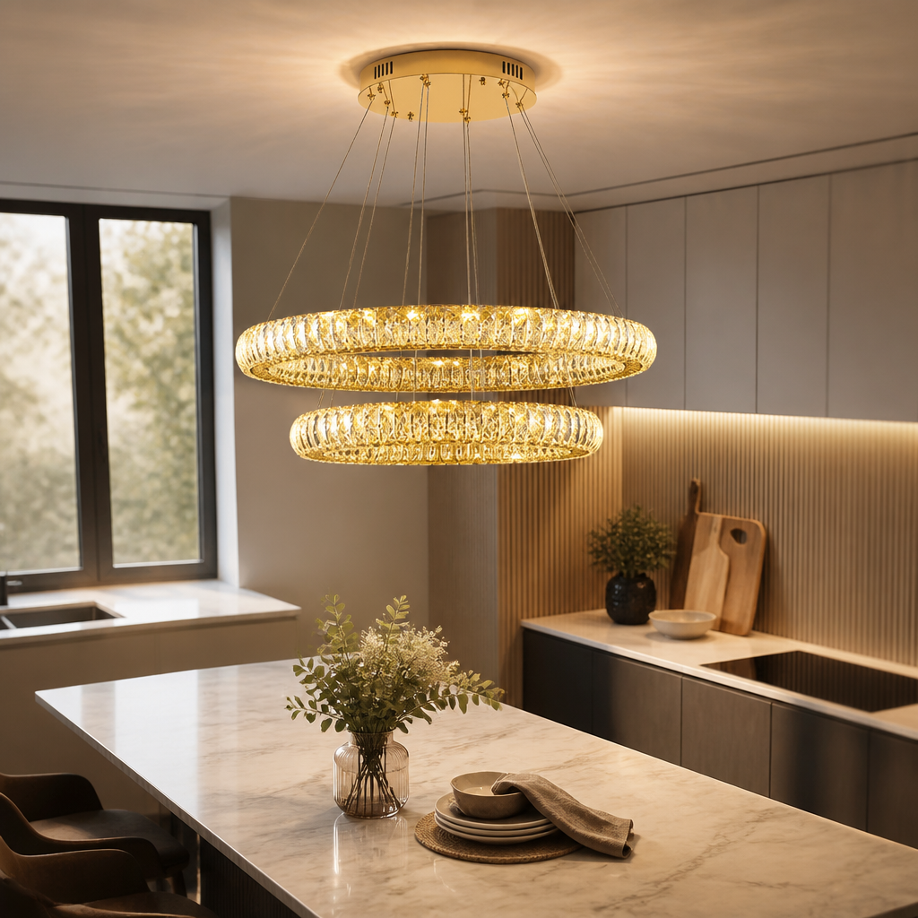 Round Ring Crystal Chandelier - Concentric Stainless Steel Tiers from 50 to 80cm with Suspended Drops, Dimming Remote and Adjustable Cord