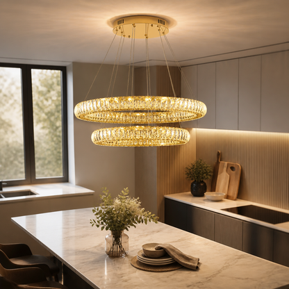 Round Ring Crystal Chandelier - Concentric Stainless Steel Tiers from 50 to 80cm with Suspended Drops, Dimming Remote and Adjustable Cord