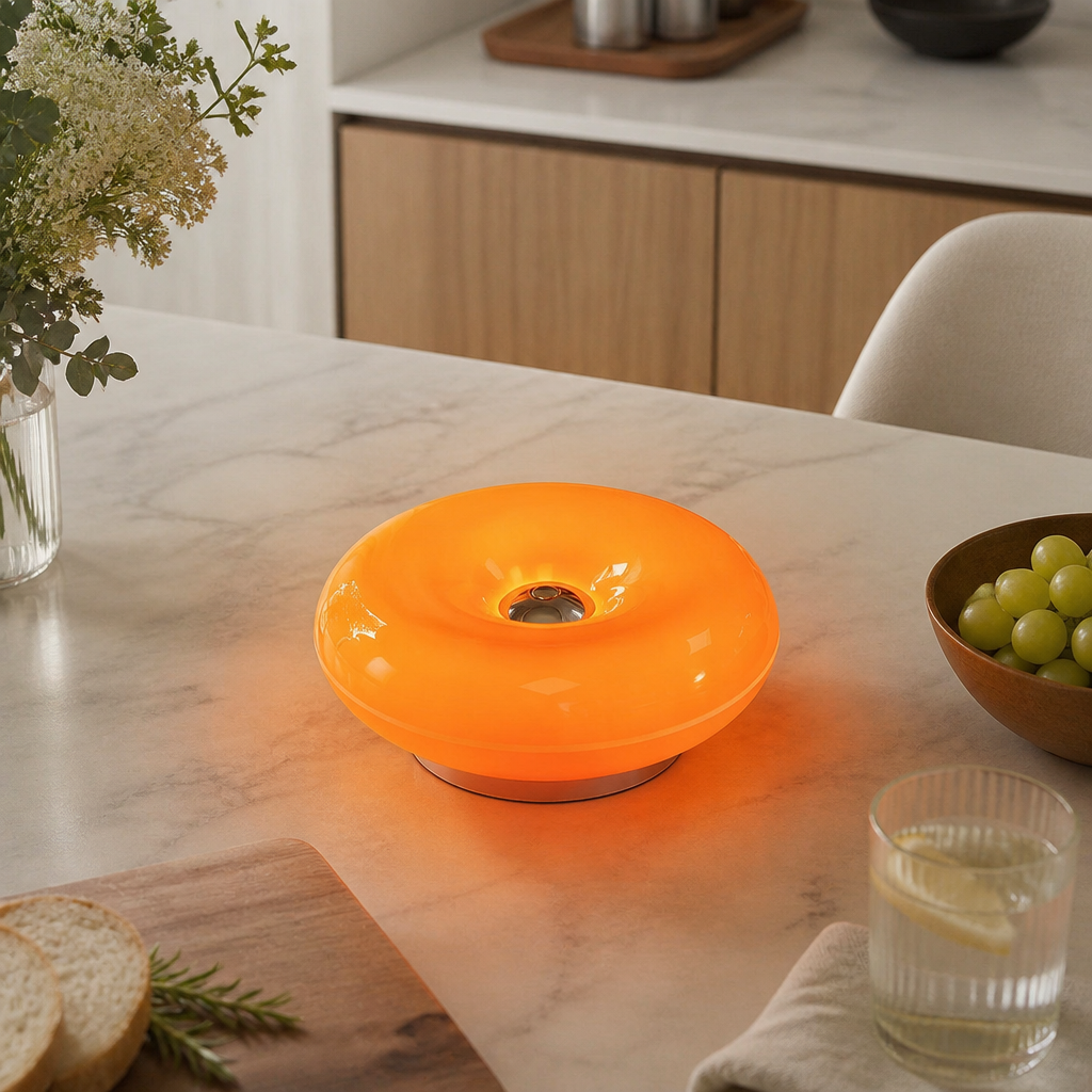 Donut LED Table Lamp - Dimmable Warm Ring Night Light in Lightweight ABS Running at 5 to 6V DC for Shelf, Console and Bedroom Ambience