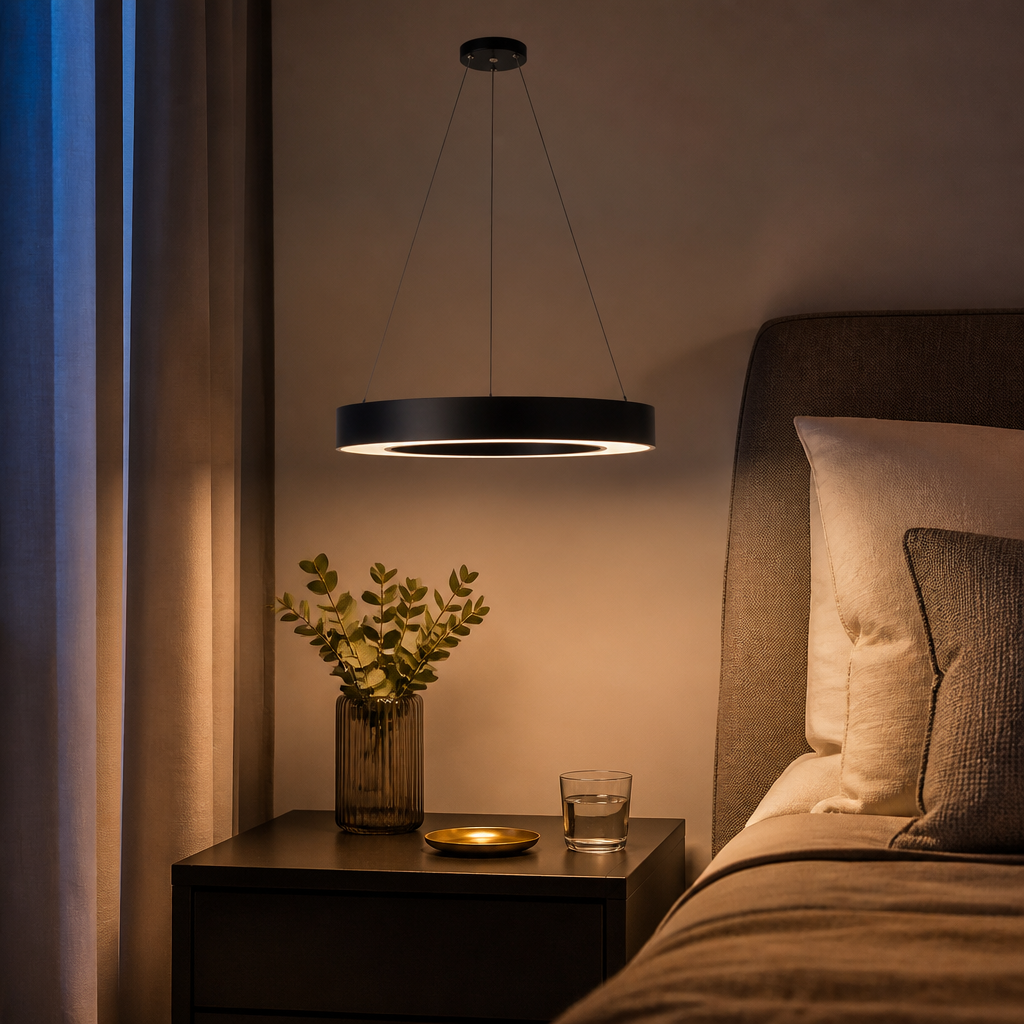 Iron Circle Ring LED Pendant Light - Minimalist Painted Metal Hoop in Black or White from 40 to 80cm with Integrated Warm or Cool Sources