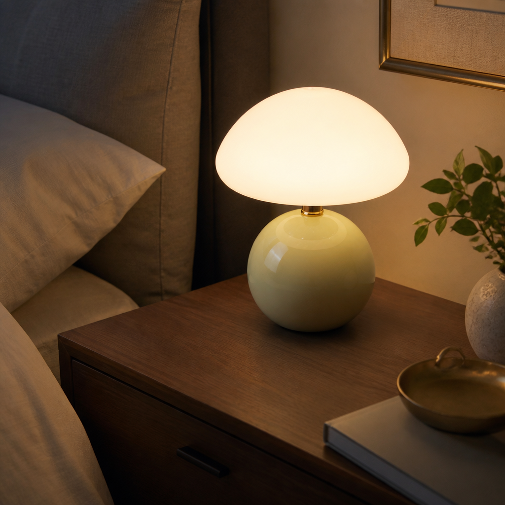 Ceramic Mushroom Table Lamp - Nordic Cream Style Dome in Glass or Moulded PP, with 6W G9 Bulb Included, for Bedside and Sideboard Lighting