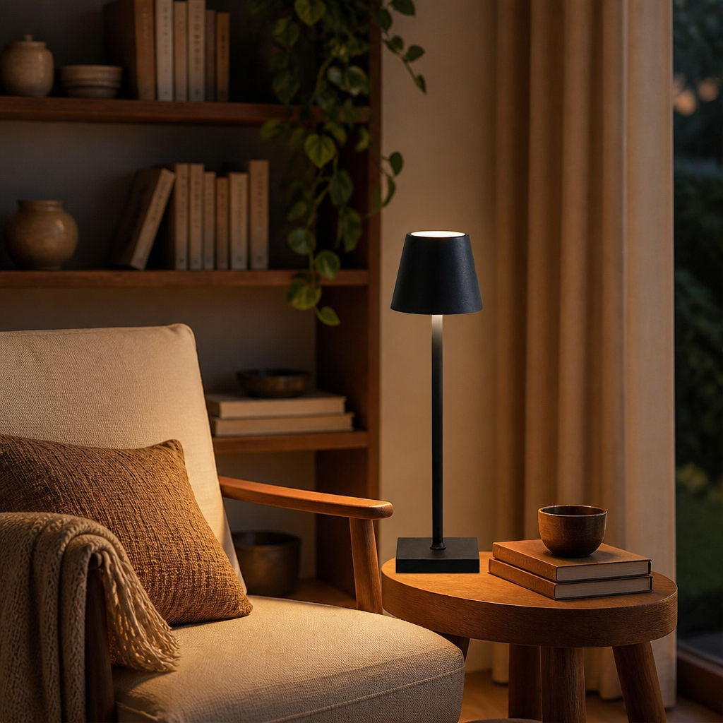 Rechargeable Touch Sensor LED Bedside Table Lamp - Cordless Round ABS Light in Bronze, Black, Gold or White with Stepped Dimming for Patios