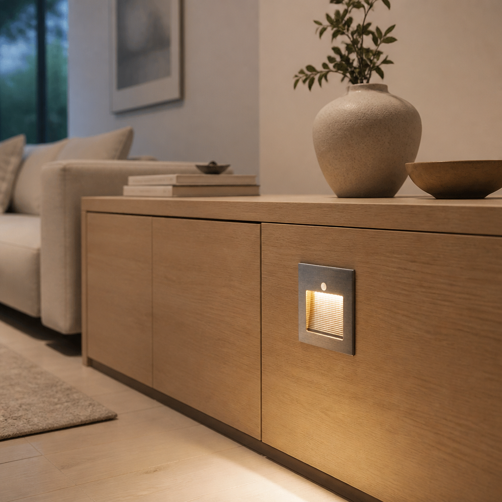Motion Sensor Stair Light - PIR Infrared Step Fitting in Champagne, Smoky Grey or Silver with Warm or Cool White LED for Landings