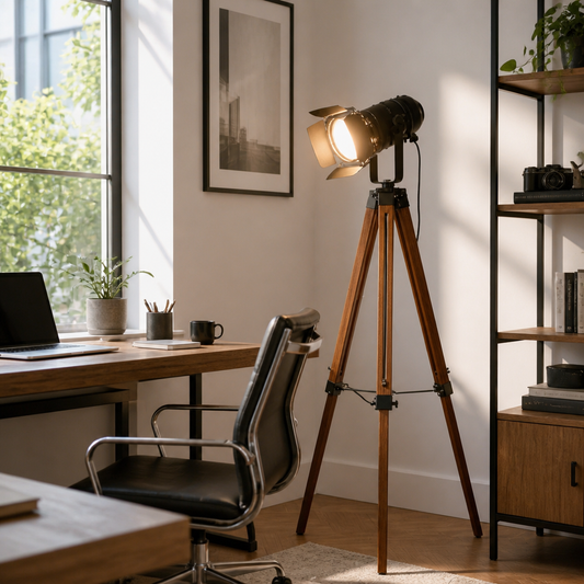 Industrial Vintage Floor Lamp - Wood Framed Standing Light with Warm Glare-Free LED for Reading Corner, Living Room and Bedroom
