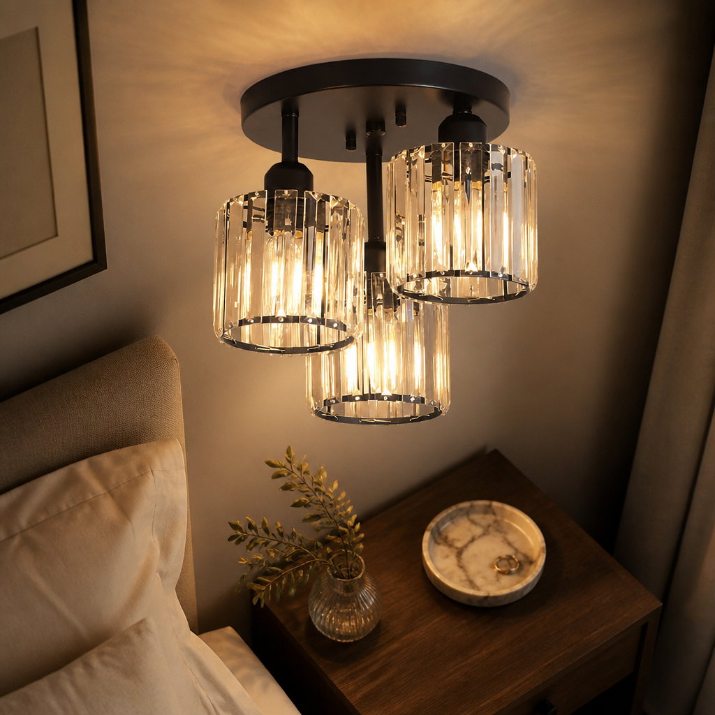 3 Light Crystal Glass Semi Flush Ceiling Light - 27cm Gold, Silver or Black Cluster with Dimmable E27 LED Bulbs and Remote Control