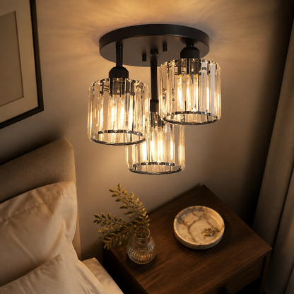 3 Light Crystal Glass Semi Flush Ceiling Light - 27cm Gold, Silver or Black Cluster with Dimmable E27 LED Bulbs and Remote Control