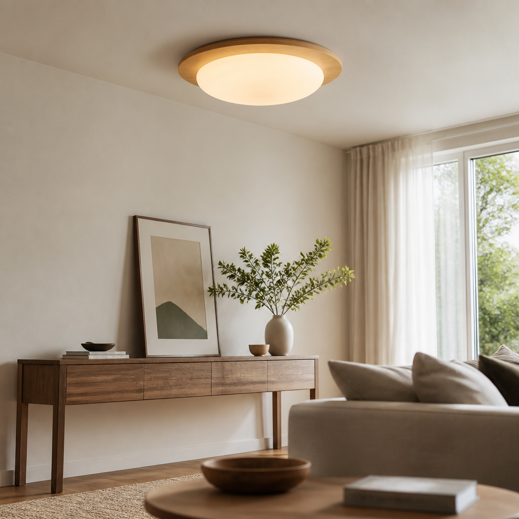 Pebble Ceiling Lamp - Minimalist Wood and Acrylic Flush Light in 30 or 38cm, Walnut or Log Finish, with Two Dimmable Integrated Sources