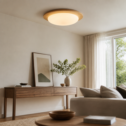 Pebble Ceiling Lamp - Minimalist Wood and Acrylic Flush Light in 30 or 38cm, Walnut or Log Finish, with Two Dimmable Integrated Sources