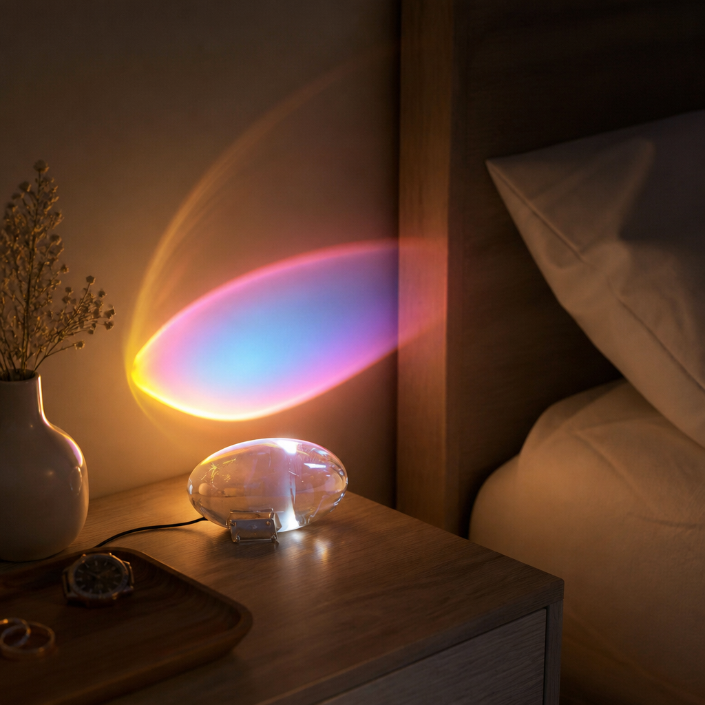 Crystal Egg Table Lamp with Colour Film Projector - Polished Chrome COB LED Light with Four Interchangeable Films on 5V USB for Bedsides