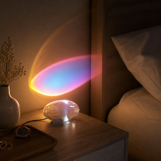 Crystal Egg Table Lamp with Colour Film Projector - Polished Chrome COB LED Light with Four Interchangeable Films on 5V USB for Bedsides