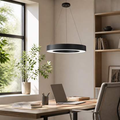 Iron Circle Ring LED Pendant Light - Minimalist Painted Metal Hoop in Black or White from 40 to 80cm with Integrated Warm or Cool Sources