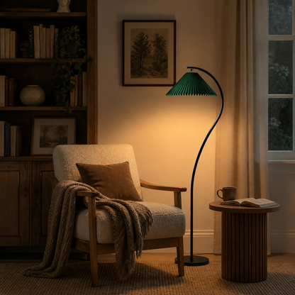 Pleated Modern Floor Lamp - Fabric Shade in Green, White, Flower or Feather Designs with Touch Control and Smooth Dimming