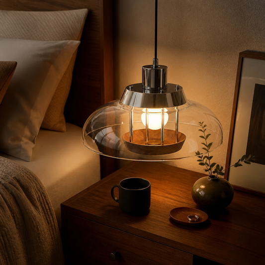 Bauhaus UFO Pendant Light - 35cm Walnut and Glass Shade with Warm, White or Three Colour Light for Dining Table, Kitchen Island and Bedside