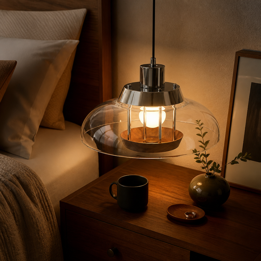 Bauhaus UFO Pendant Light - 35cm Walnut and Glass Shade with Warm, White or Three Colour Light for Dining Table, Kitchen Island and Bedside