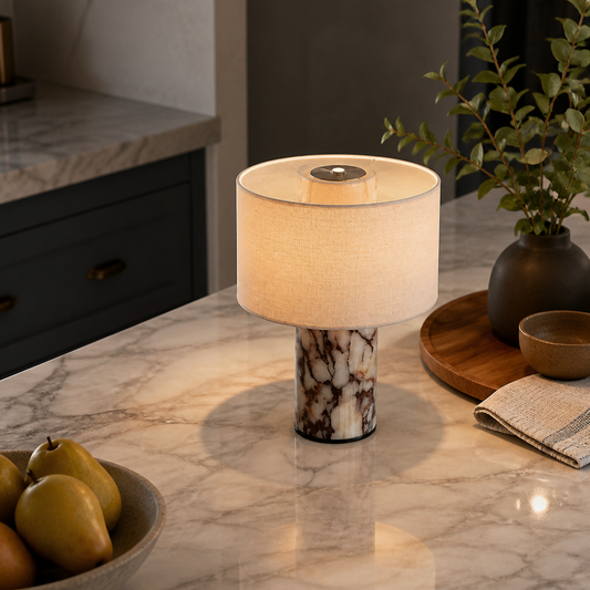 Luxury Modern Table Lamp - Marble and Fabric Bedside Light in Arabescato, Travertine or Calacatta Viola for Console, Desk and Nightstand