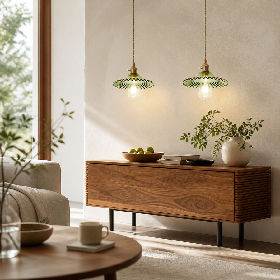 Nordic Vintage Chandelier - Brass and Glass Fitting in White, Green, Clear or Orange with Warm Glare-Free Glow for Dining Table and Entryway