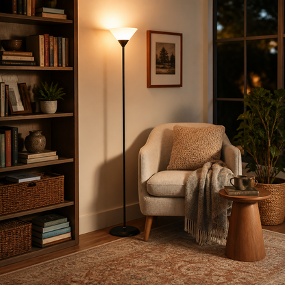 AuraLume Floor Lamp - Contemporary Standing Light in Black, Silver or White with Warm Energy-Efficient LED for Sofa Side and Reading Nook