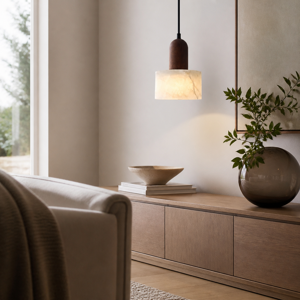 Luxury Wabi-Sabi Pendant Lamp - Marble, Jade and Stone Light in Walnut or Log Wood with 3000K to 6000K Options for Dining and Kitchen Island
