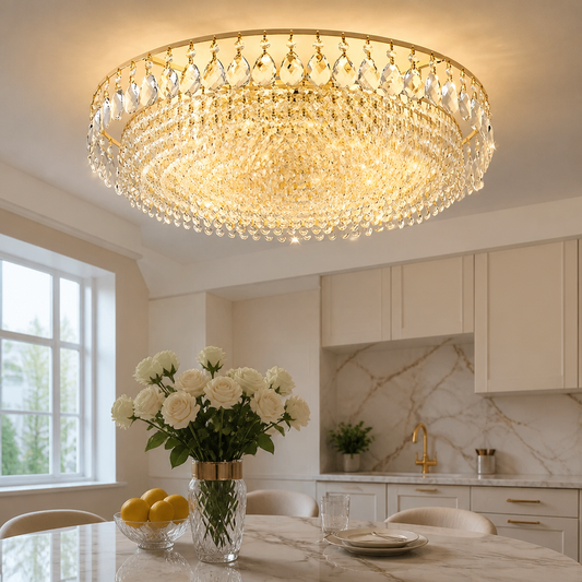 Gold Crystal Flush Mount Ceiling Chandelier - Plated Iron Frame with Individually Hung Drops in 4, 6 or 8 Head Sizes from 40 to 60cm