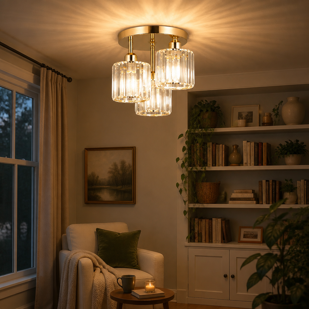 3 Light Gold Crystal Close to Ceiling Fitting - Forged Iron Frame with Cut Glass Shades Sized for Small Bathroom, Kitchen and Bedside Nook