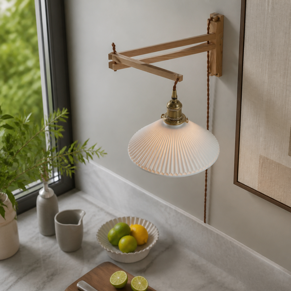 Japanese Vintage Wall Lamp - Wabi-Sabi Walnut Sconce in Four Shade Types with Warm, Cool or Tricolour LED Bulb Included