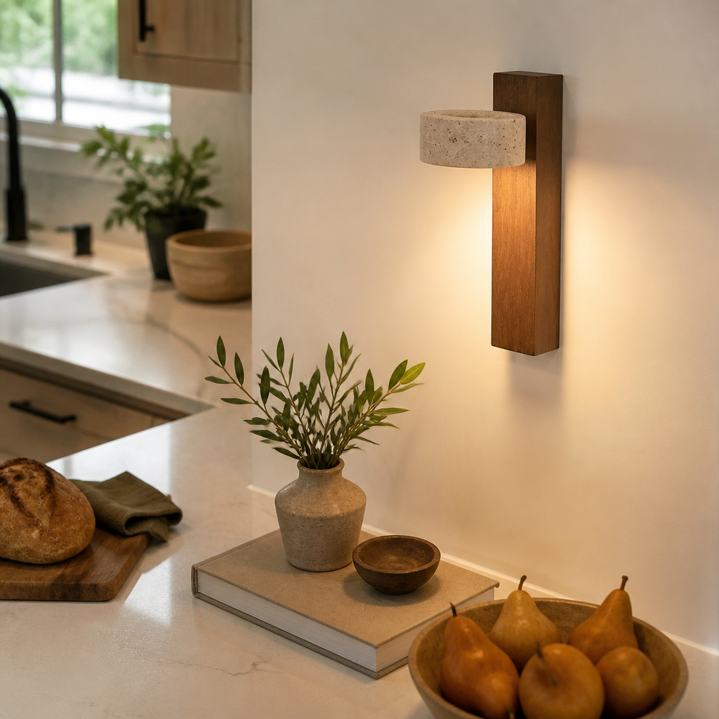 Japanese Wabi-Sabi Wall Lamp - Travertine and Wood Sconce in Walnut or Log Finish with 3000K, 4000K or 6000K LED and Pull Switch